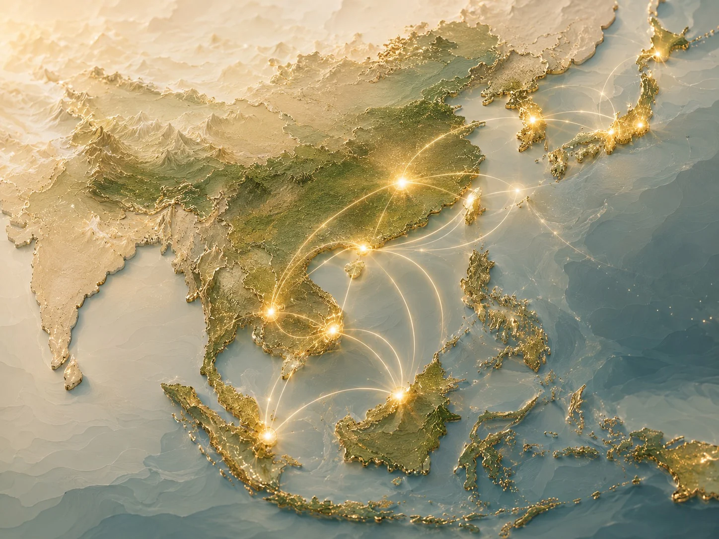 Gold and teal relief map of Asia with glowing nodes and route lines connecting CravePact's served markets